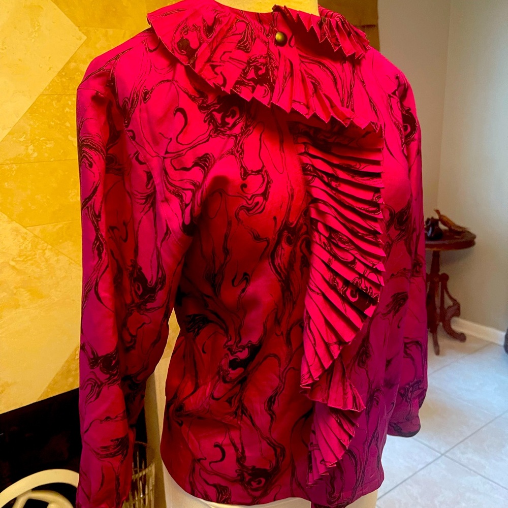 Christian Dior Ruffle Blouse 38 US M L Silk Pink Blk Abstract Art Design France